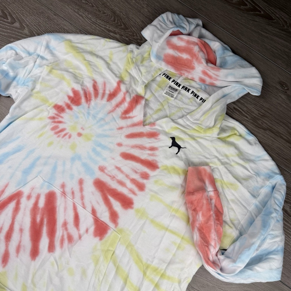 Victorias Secret Women's‎ V Neck Tie Dye Spiral Hooded Sweatshirt White Medium